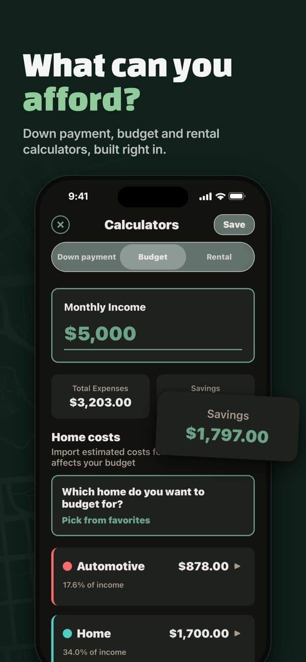 Acres app: Down payment, budget and rental calculators